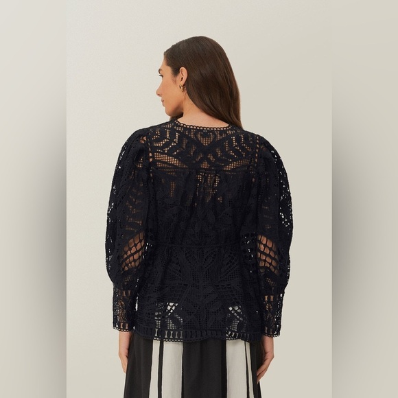 FARM RIO Black Guipire Puff Sleeve Blouse M - Picture 3 of 7